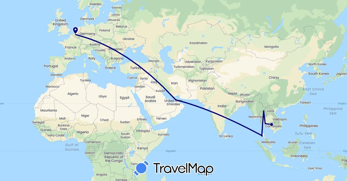 TravelMap itinerary: driving in United Arab Emirates, Belgium, Cambodia, Thailand (Asia, Europe)